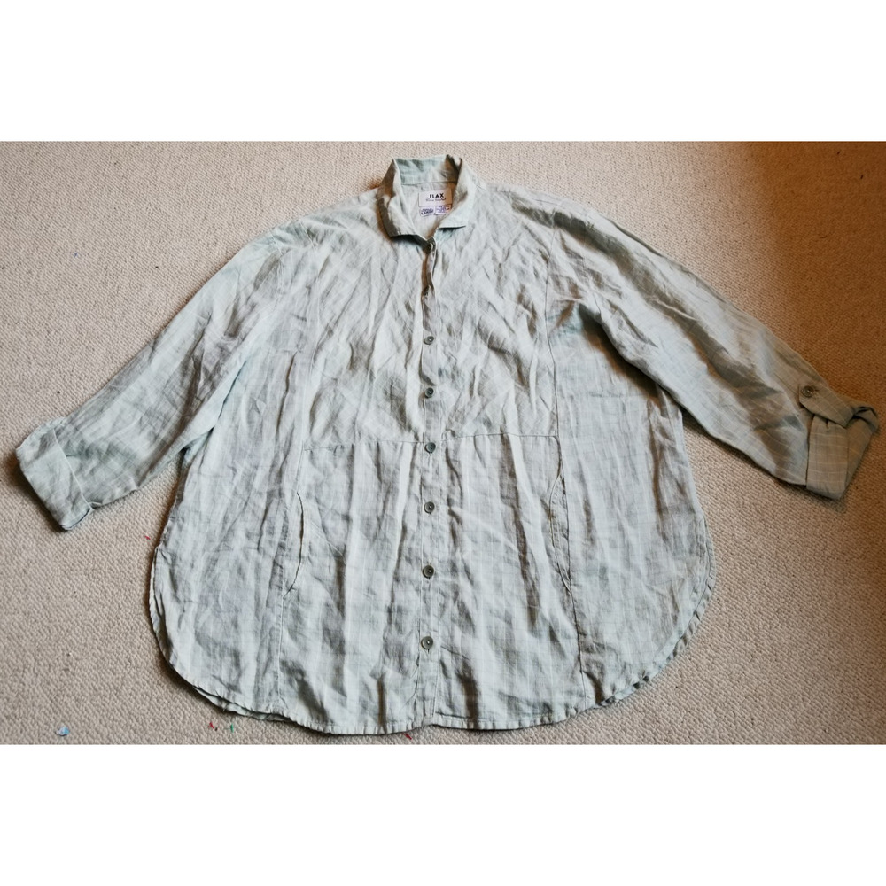 Womens Top-FLAX-light green plaid 100% linen button-up oversized lagenlook ls-L